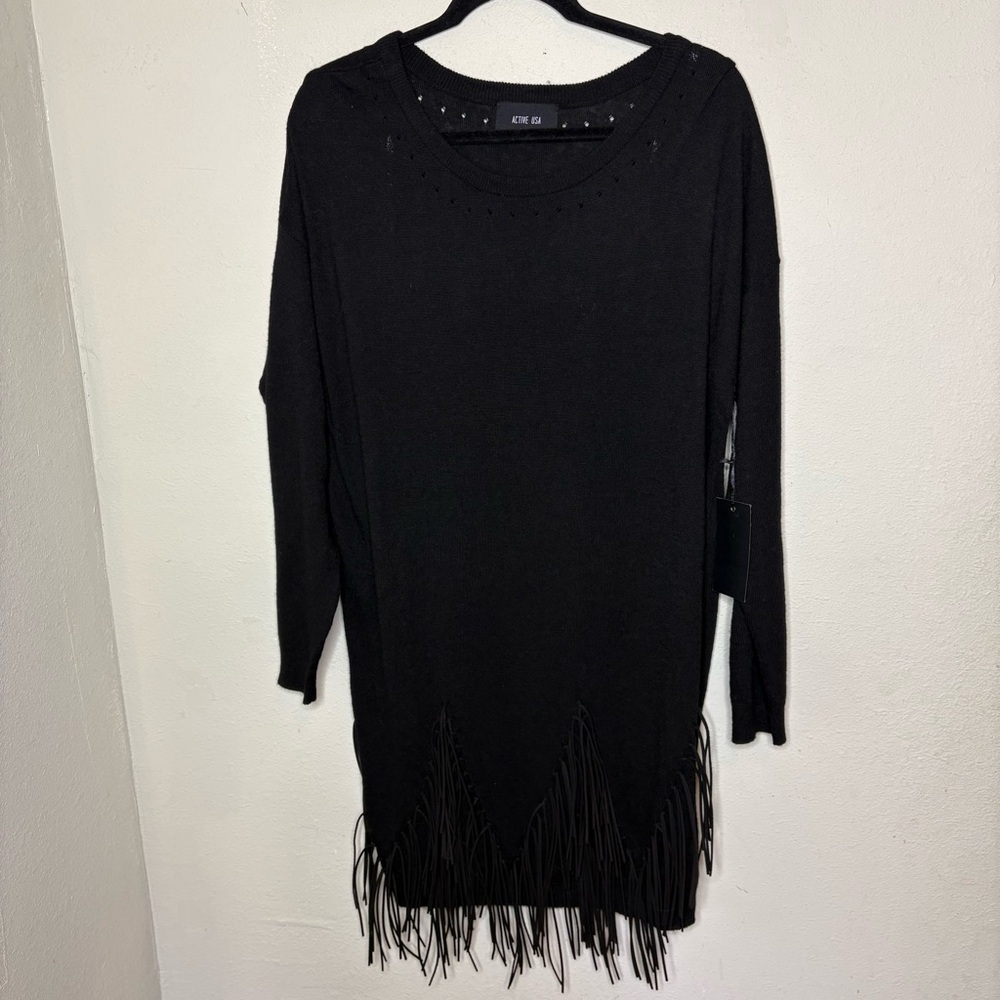 NWT Active USA Black Fringe Hem Long Sleeve Knit Dress Size Large